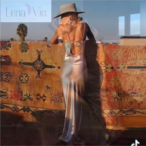 Lena Vie Champagne Addie May Slip Dress Hammered Soft Satin Long Gold Maxi - Picture 2 of 7